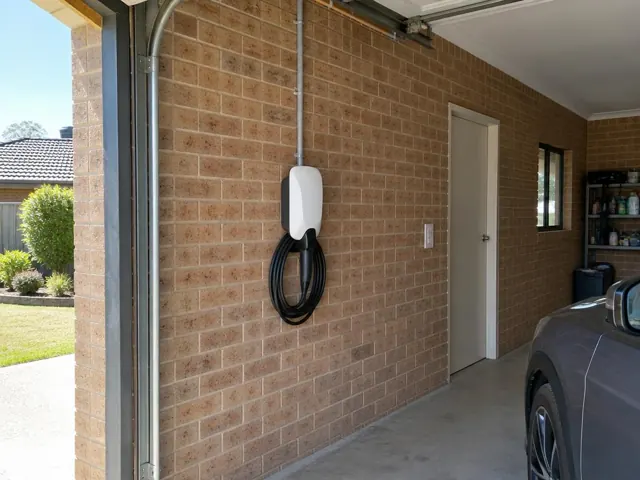 Wall-mounted EV charger with coiled cable on a brick carport wall beside a driveway in Aberglasslyn