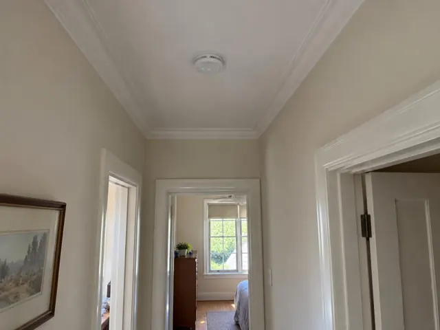 Hallway ceiling with a smoke alarm above white trim and doorways in a home interior in Bolwarra